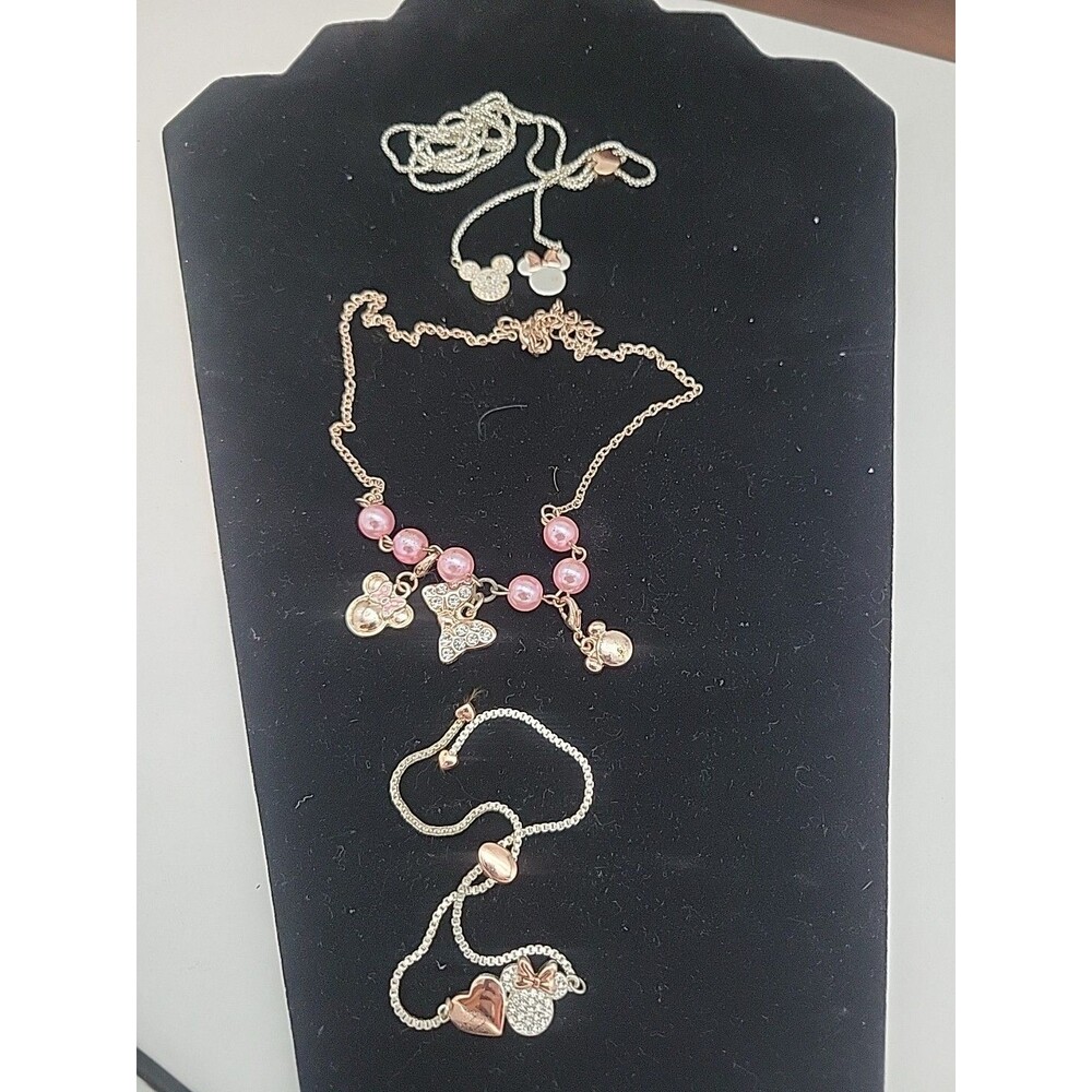 Lot Of 3 Disney Jewelry Necklace Bracelet Lariat Minne Mouse Swarovski? Pink